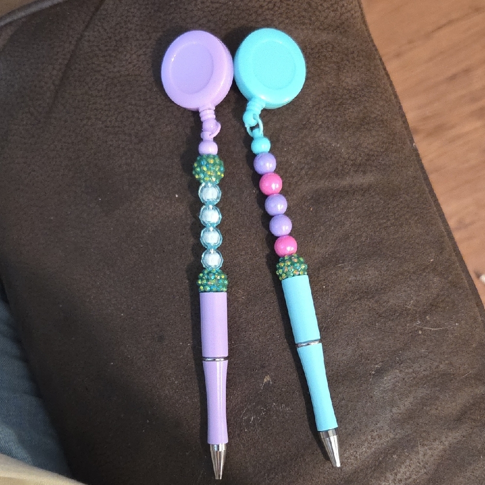 Vibrant Beaded Pens Set - Purple and Blue Handmade Lanyards.